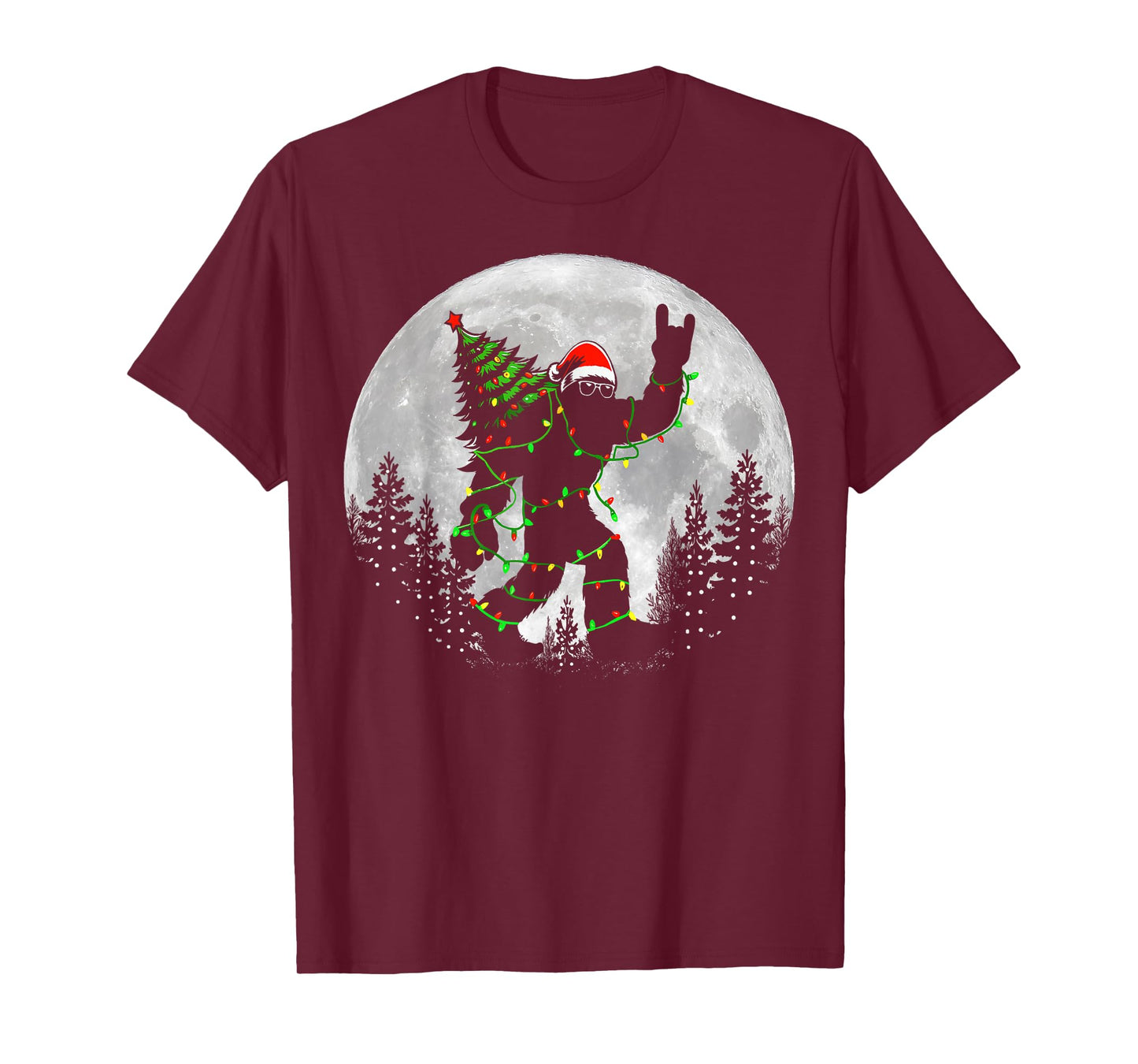 Santa Bigfoot Christmas Tree Xmas Lights Funny Sasquatch T-Shirt