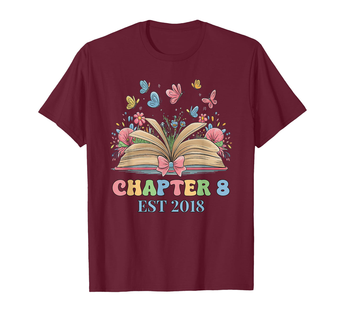 Chapter 8 Years Old 8th Birthday Butterfly Bow Book Lover T-Shirt