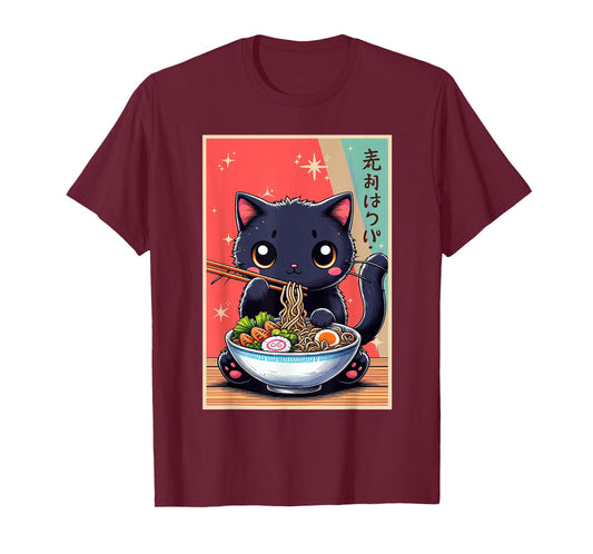 Cat Eating Ramen Noodles Anime Girls Funny Kawaii Cat Lover T-Shirt