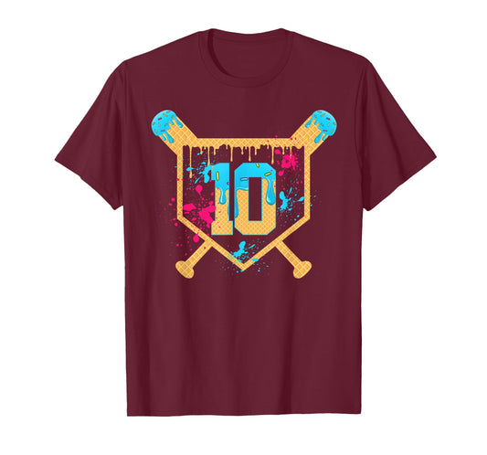 10 Years Old 10th Birthday Baseball Ice Cream Dripping Boys T-Shirt