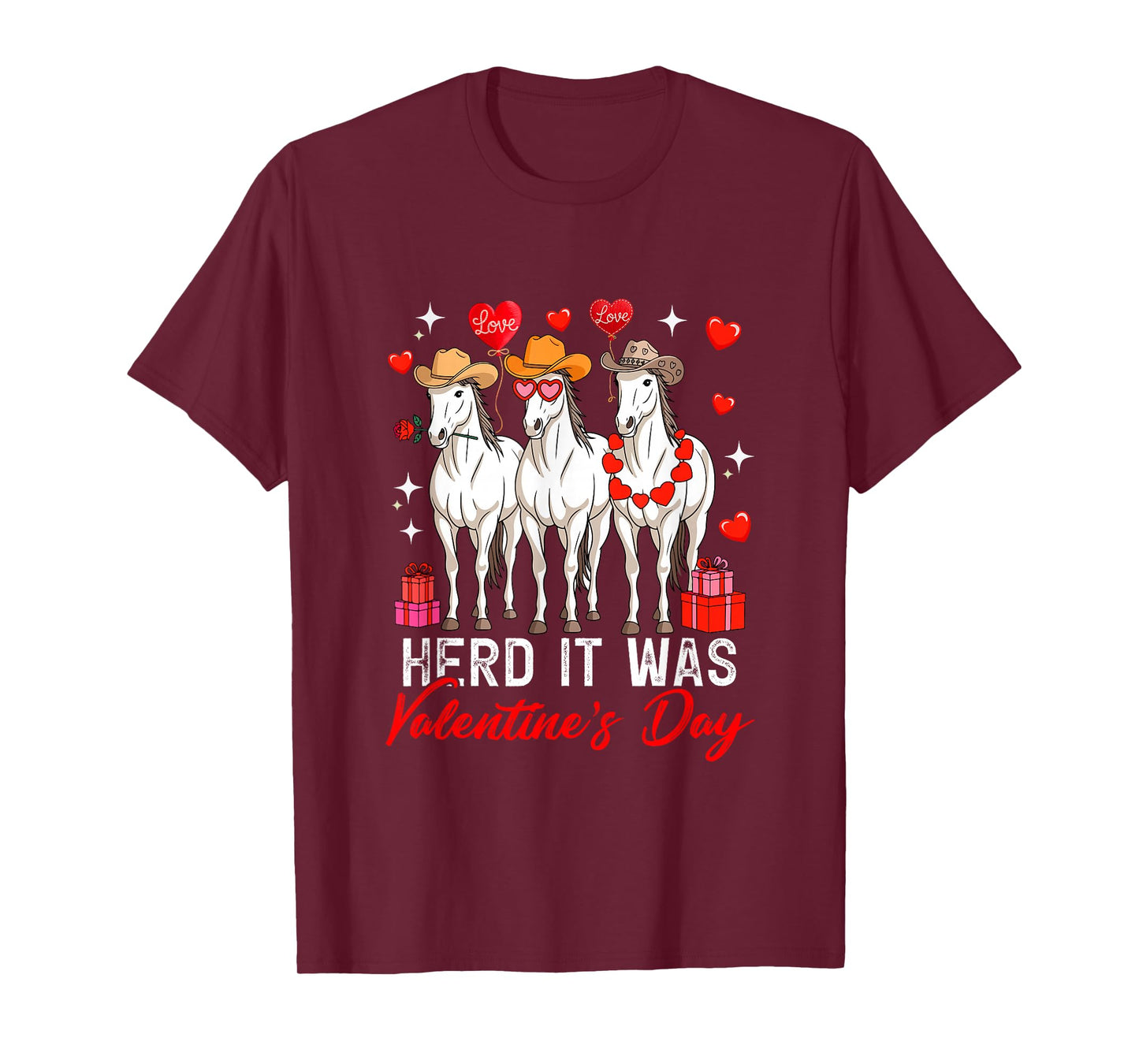 Herd It was Valentine's Day Three Cute Horses Floral Hearts T-Shirt