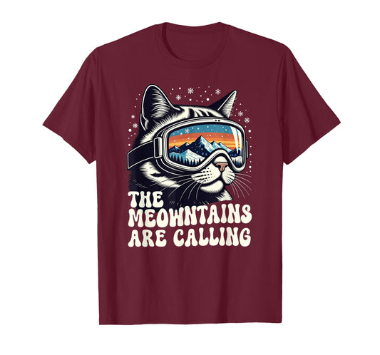 Retro Meowntains are Calling Cat Funny Snowboarding Skiing T-Shirt