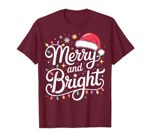Merry and Bright Lights Red Santa Hat Xmas Family Men Women T-Shirt