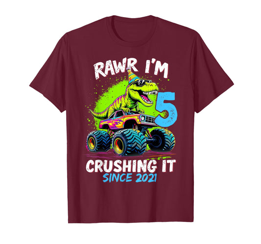 5th Birthday Monster Truck Dinosaur 5 Year Old Boy Born 2021 T-Shirt