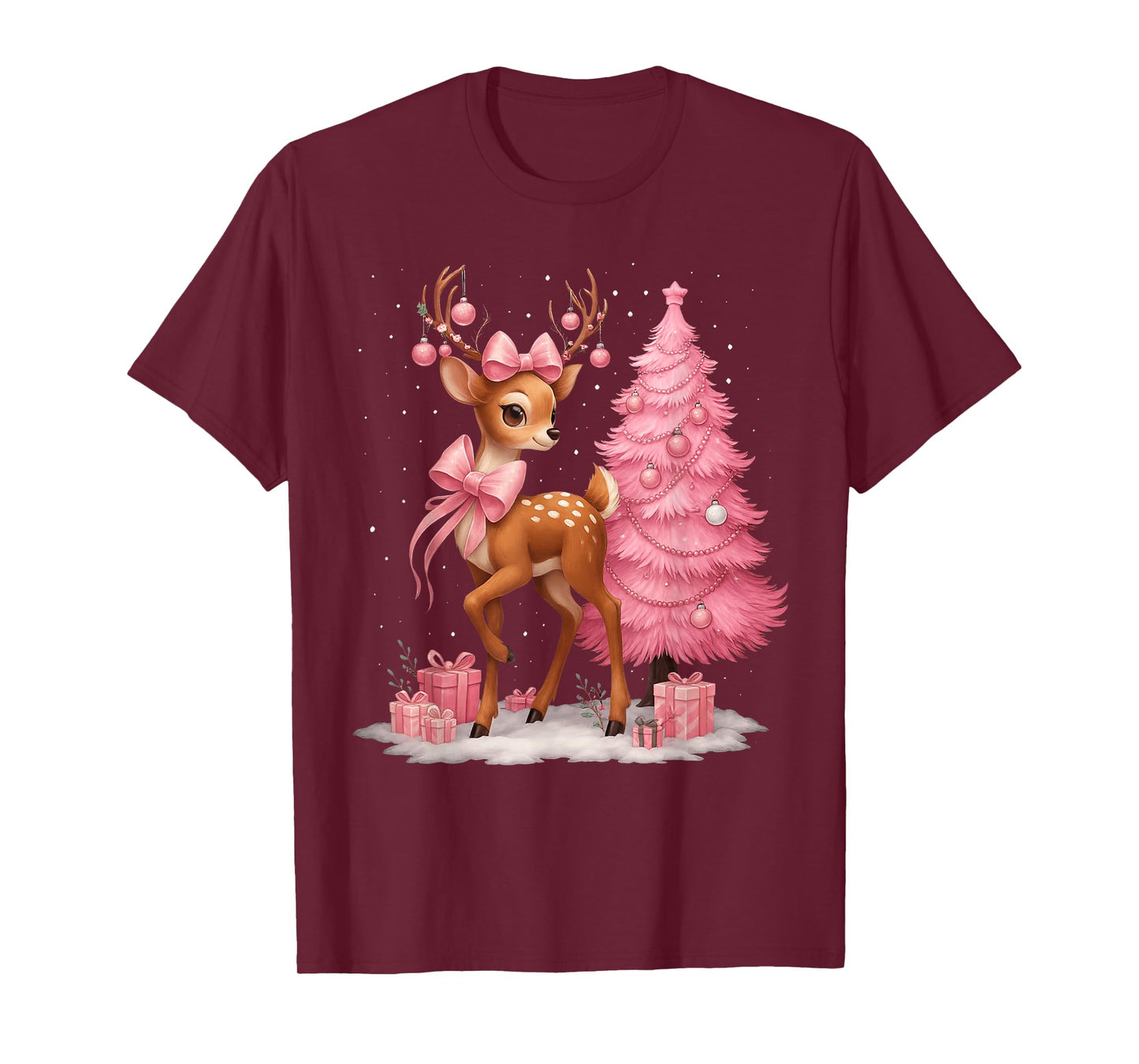 Pink Reindeer Coquette Bow Christmas Tree Pajamas Girl Women T-Shirt