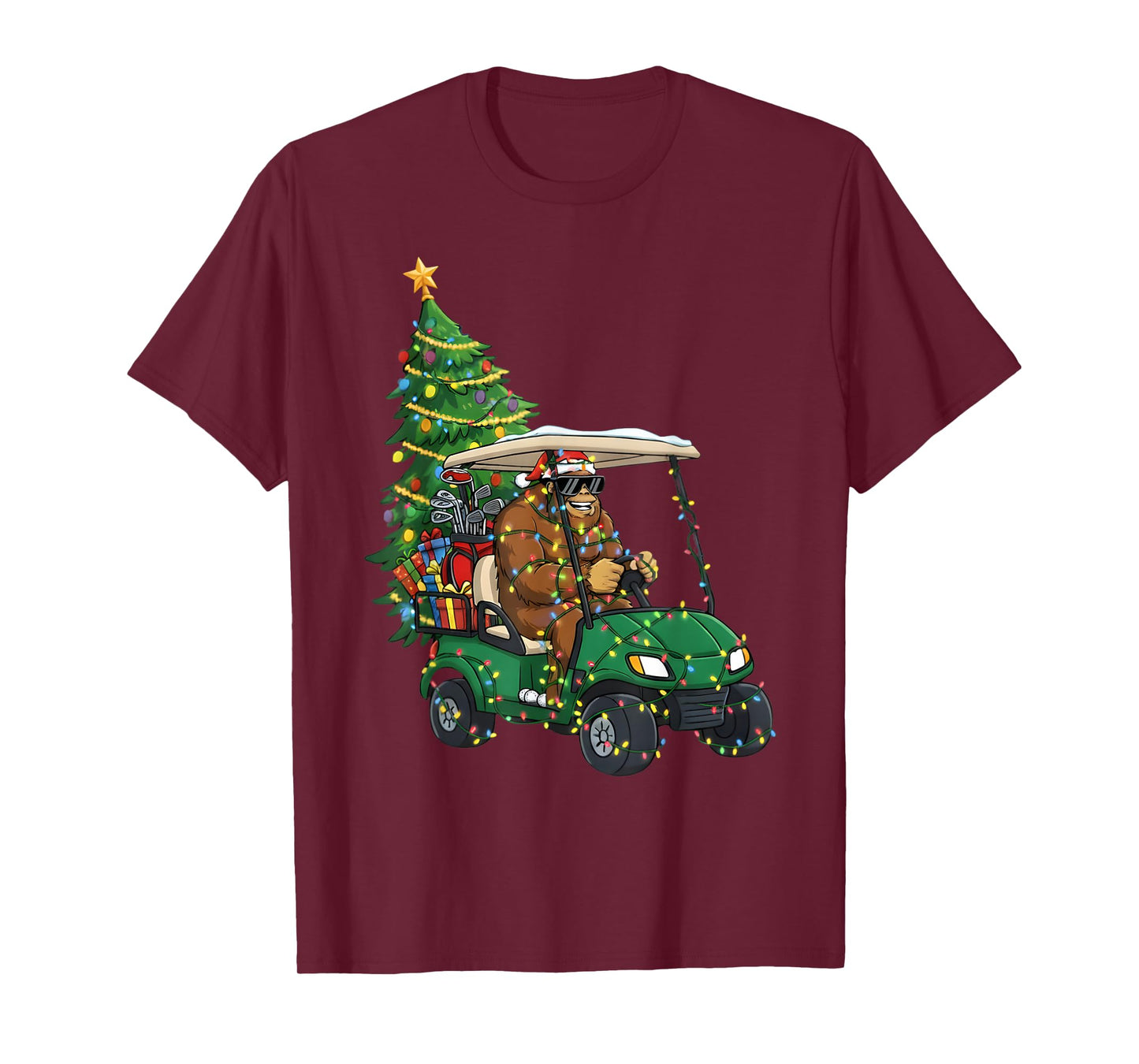 Bigfoot Christmas Golf Cart Lights Sasquatch Xmas Golfing T-Shirt