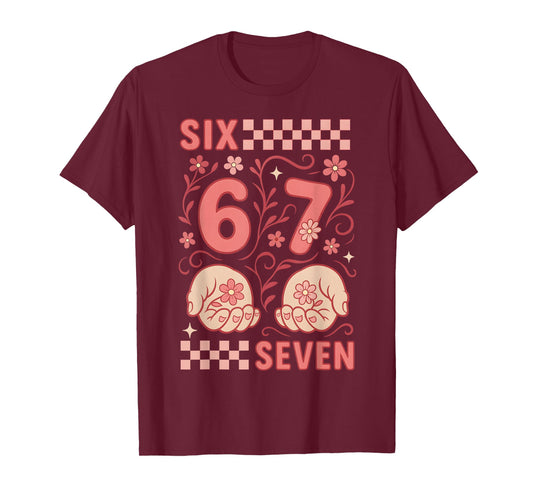 67 Retro Women Groovy Floral Checkered 6 7 Girls Six Seven T-Shirt