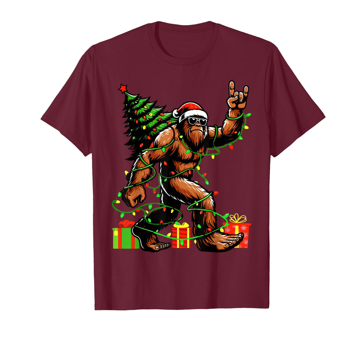 Santa Bigfoot Christmas Tree Xmas Lights Funny Sasquatch T-Shirt