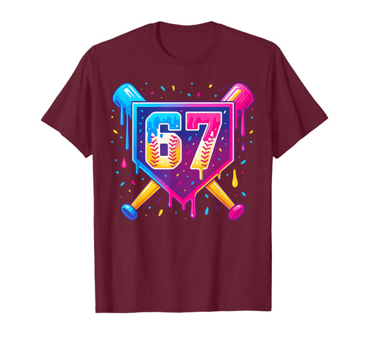 Baseball Number 67 Drip Neon Retro Sports Design T-Shirt
