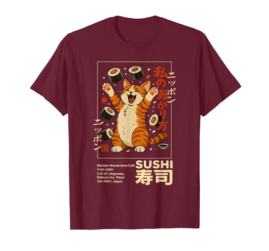 Happy Sushi Cat Japanese Retro-Style Kawaii Food Poster Art T-Shirt