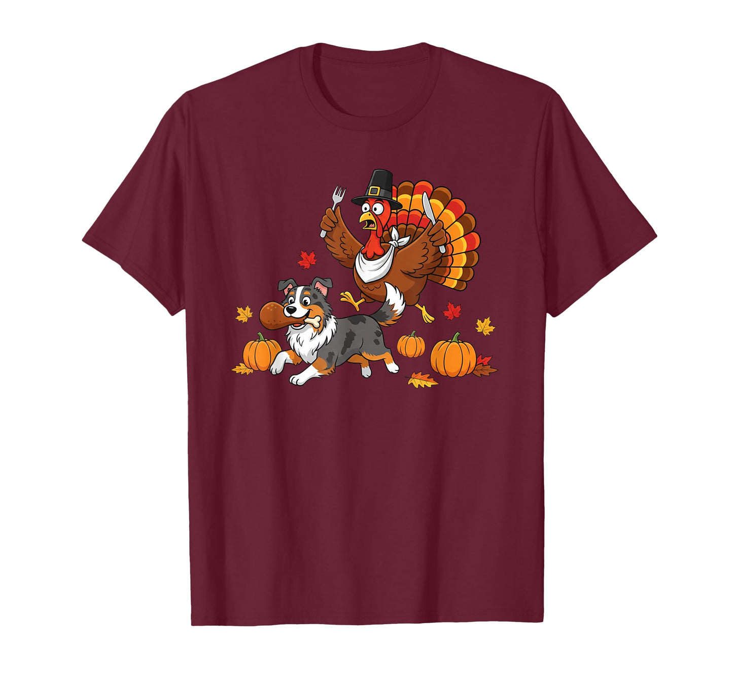 Australian Shepherd Turkey Autumn Thanksgiving Womens Mens T-Shirt