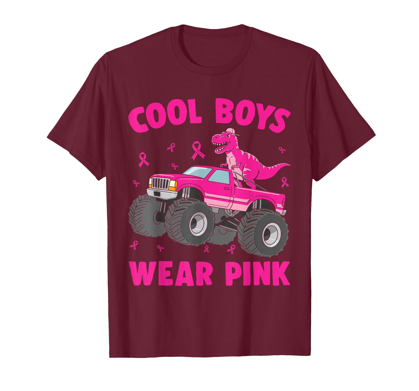 Dinosaur Monster Truck Cool Boys Wear Pink Breast Cancer T-Shirt
