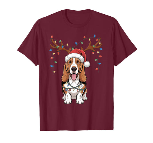Basset Hound Dog Santa Reindeer Xmas Lights Pet Dogs Lover T-Shirt