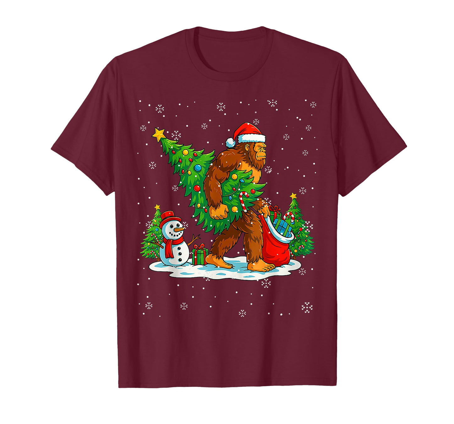 Santa Bigfoot Christmas Tree Xmas Lights Funny Sasquatch Men T-Shirt