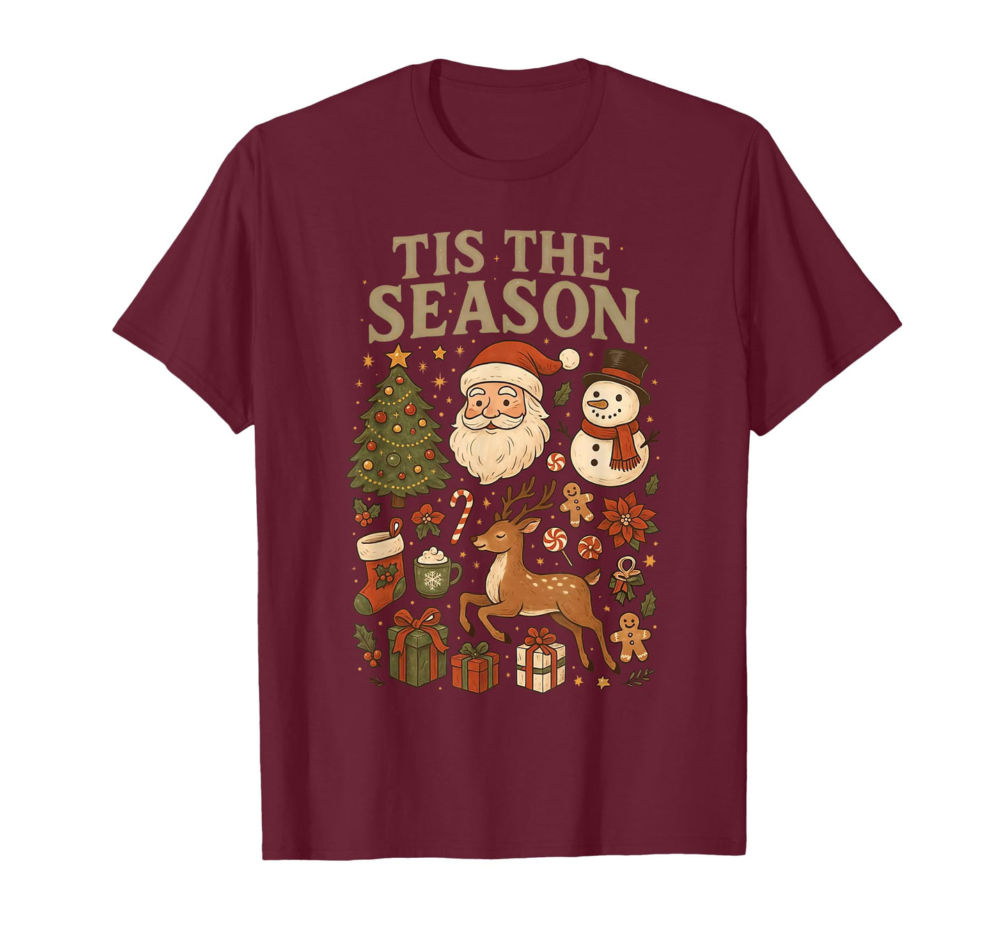Retro Funny Santa Tis The Season Christmas Doodles Snowman T-Shirt