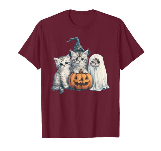 Cute Halloween Kitten Witch and Ghost T-Shirt