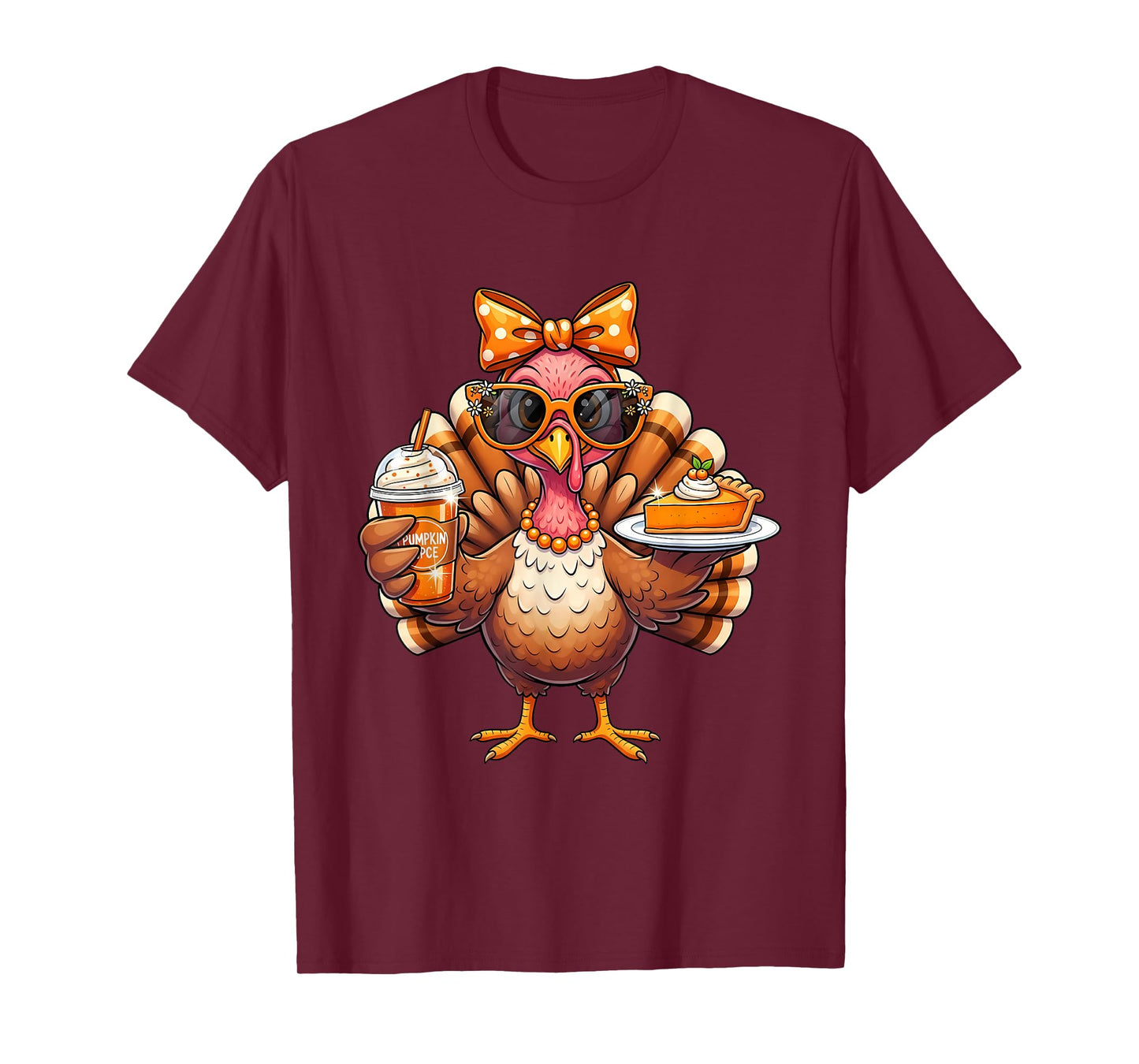 Turkey Drinking Coffee Bow Thanksgiving Womens Turkey Day T-Shirt