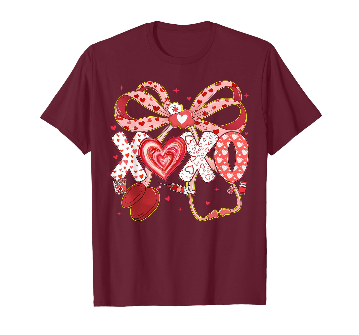 XOXO Stethoscope Valentine RN PCT CNA Nurse Red Bow Women T-Shirt