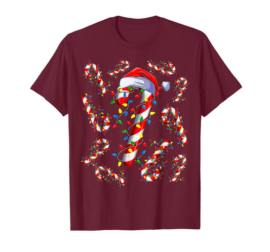 Red and White Candy Cane Santa Christmas Funny Xmas Lights T-Shirt