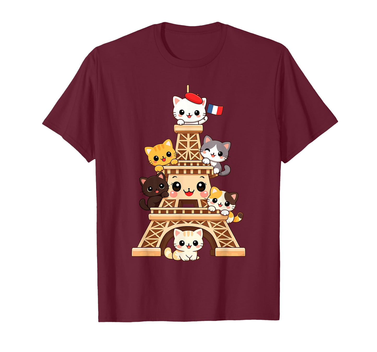 Meowffel Tower Cute Kawaii Paris Cat Cartoon Funny Cat Art T-Shirt