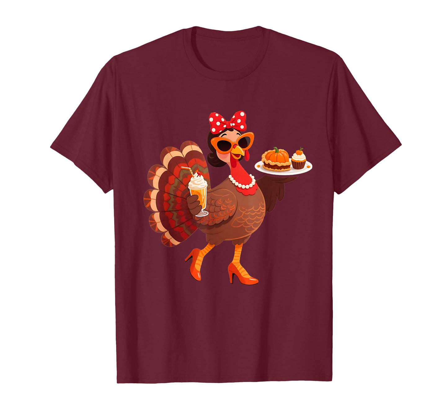Funny Thanksgiving Lady Turkey Bow Drinking Coffee with Pie T-Shirt