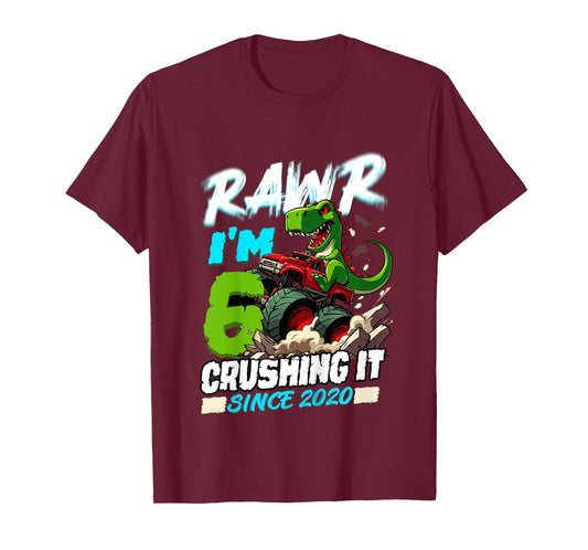 6th Birthday Truck Dinosaur Monster T Rex 6 Years Old Boy T-Shirt