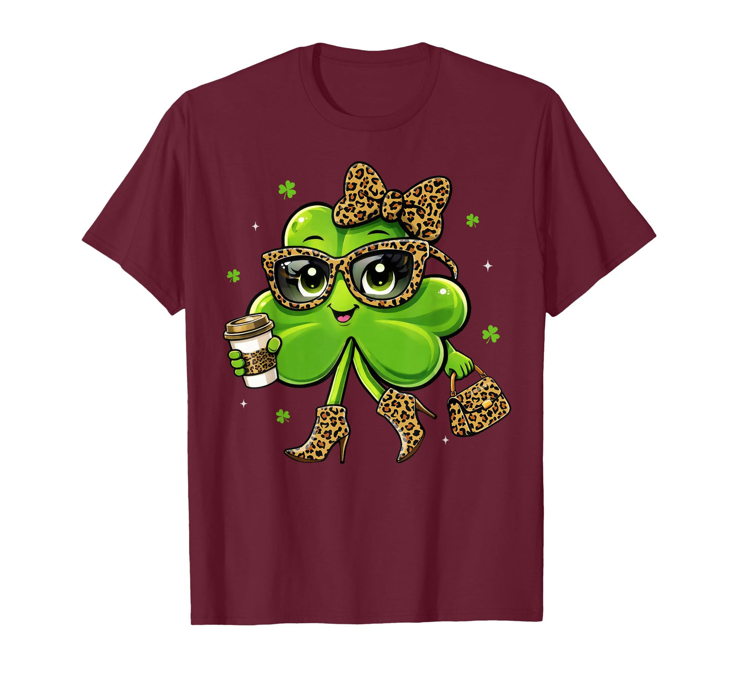 Leopard Shamrock Drinking Coffee St Patricks Day Women Girls T-Shirt