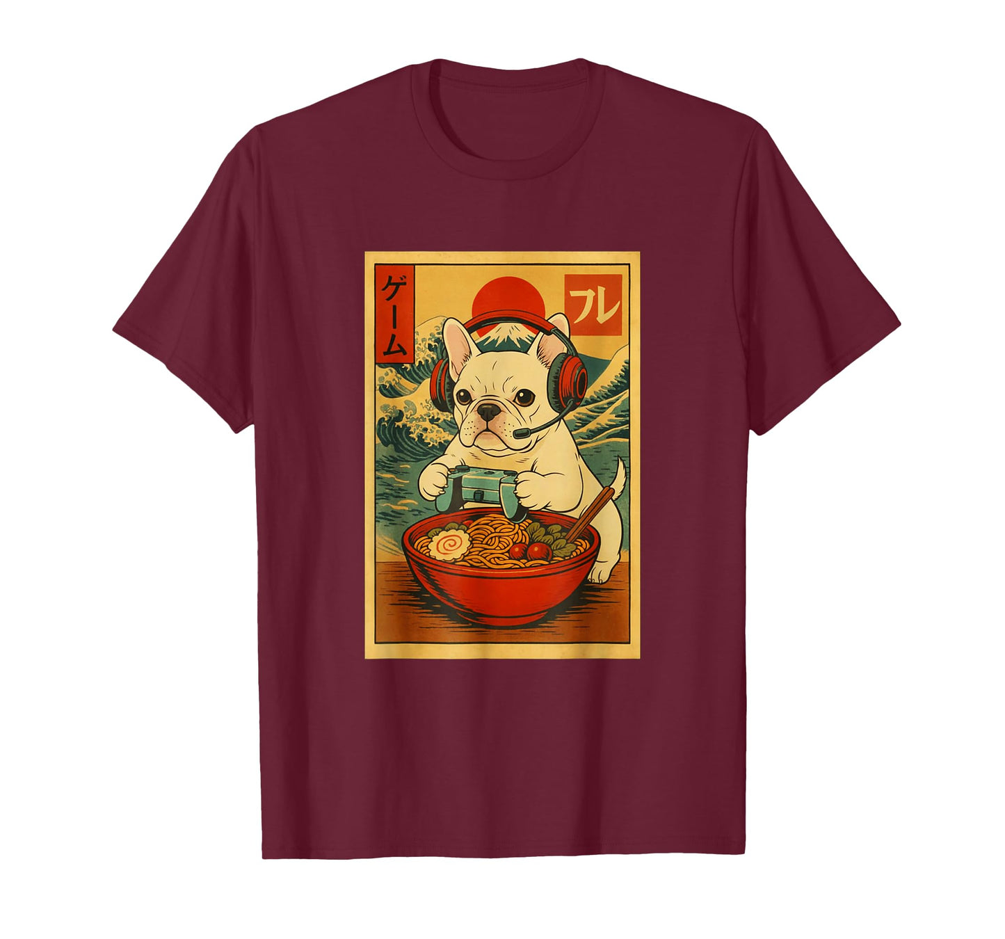 French Bulldog Dog Gaming Ramen Ukiyo-e Great Wave Retro Art T-Shirt