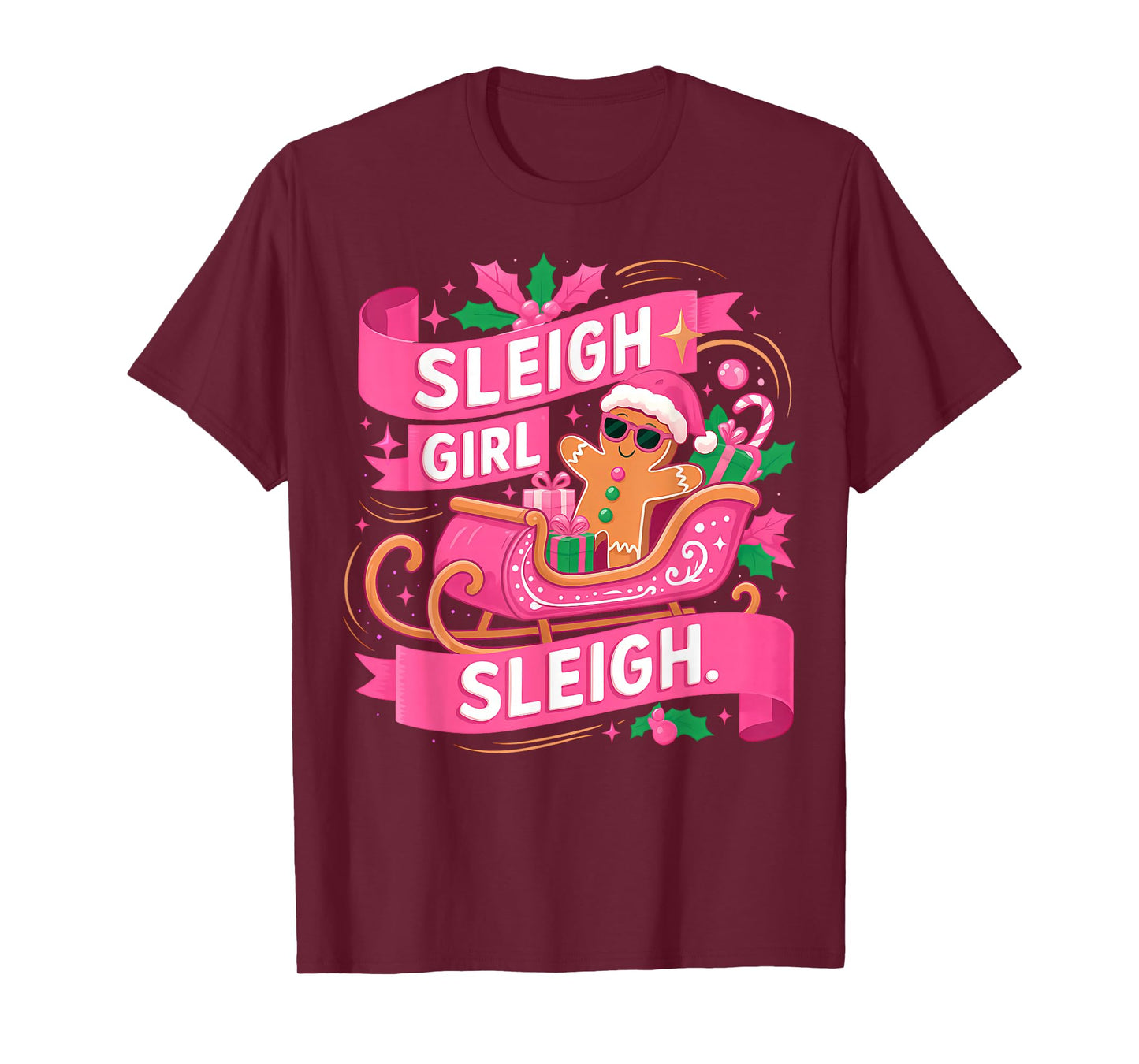 Gingerbread Sleigh Girl Pink Funny Christmas Women Girls T-Shirt
