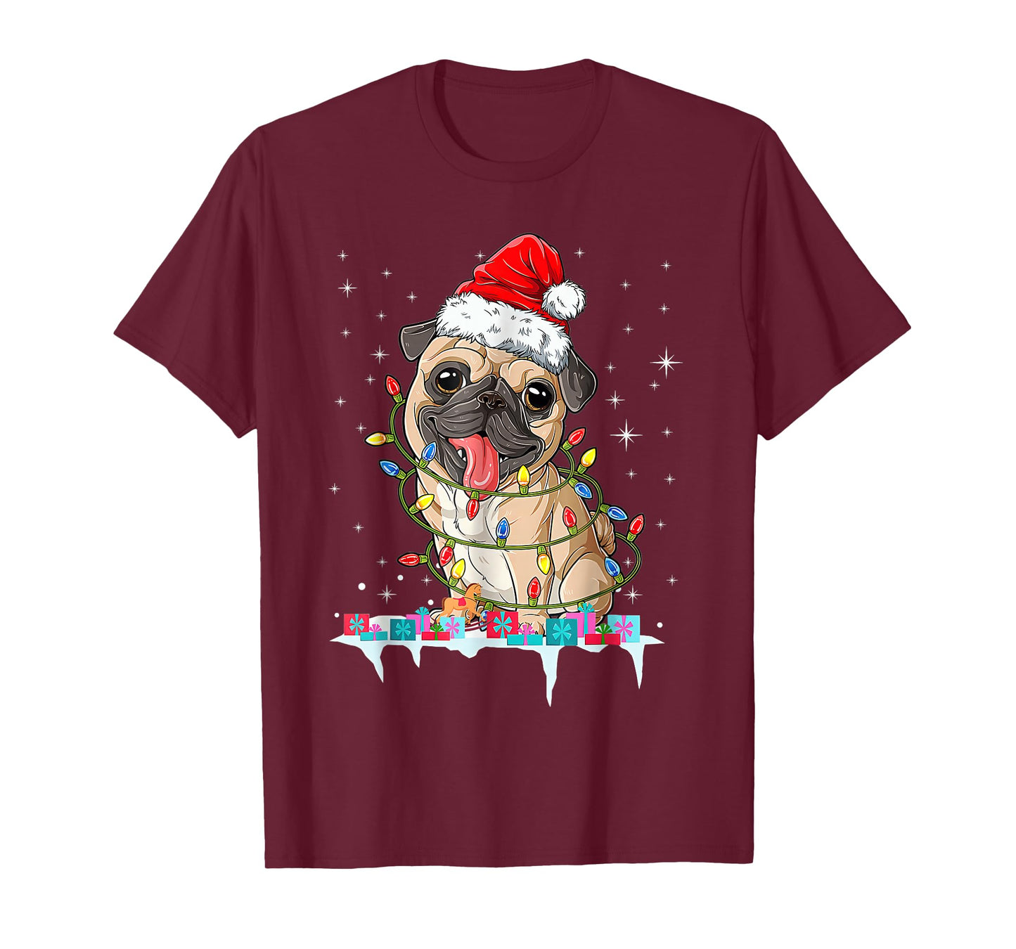 Pug Christmas Tree Lights Santa Dog Xmas T-Shirt