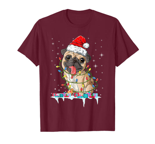 Pug Christmas Tree Lights Santa Dog Xmas T-Shirt