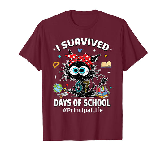 Black Cat I Survived 67 Days of School Principal Life T-Shirt