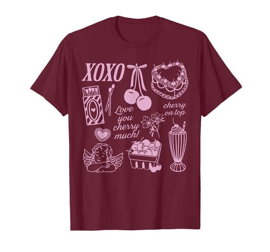 Cherry Cake XOXO Heart Womens Valentines Day T-Shirt