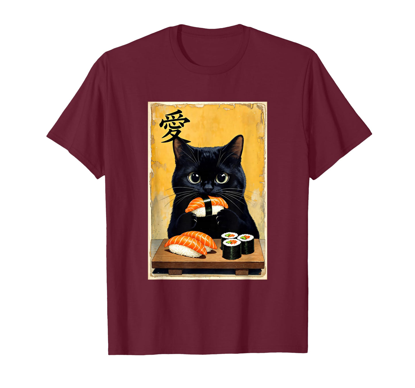 Cute Kawaii Black Cat Eating Sushi Funny Japanese Black Cat T-Shirt