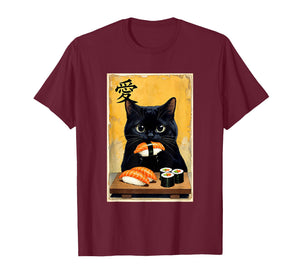 Cute Kawaii Black Cat Eating Sushi Funny Japanese Black Cat T-Shirt