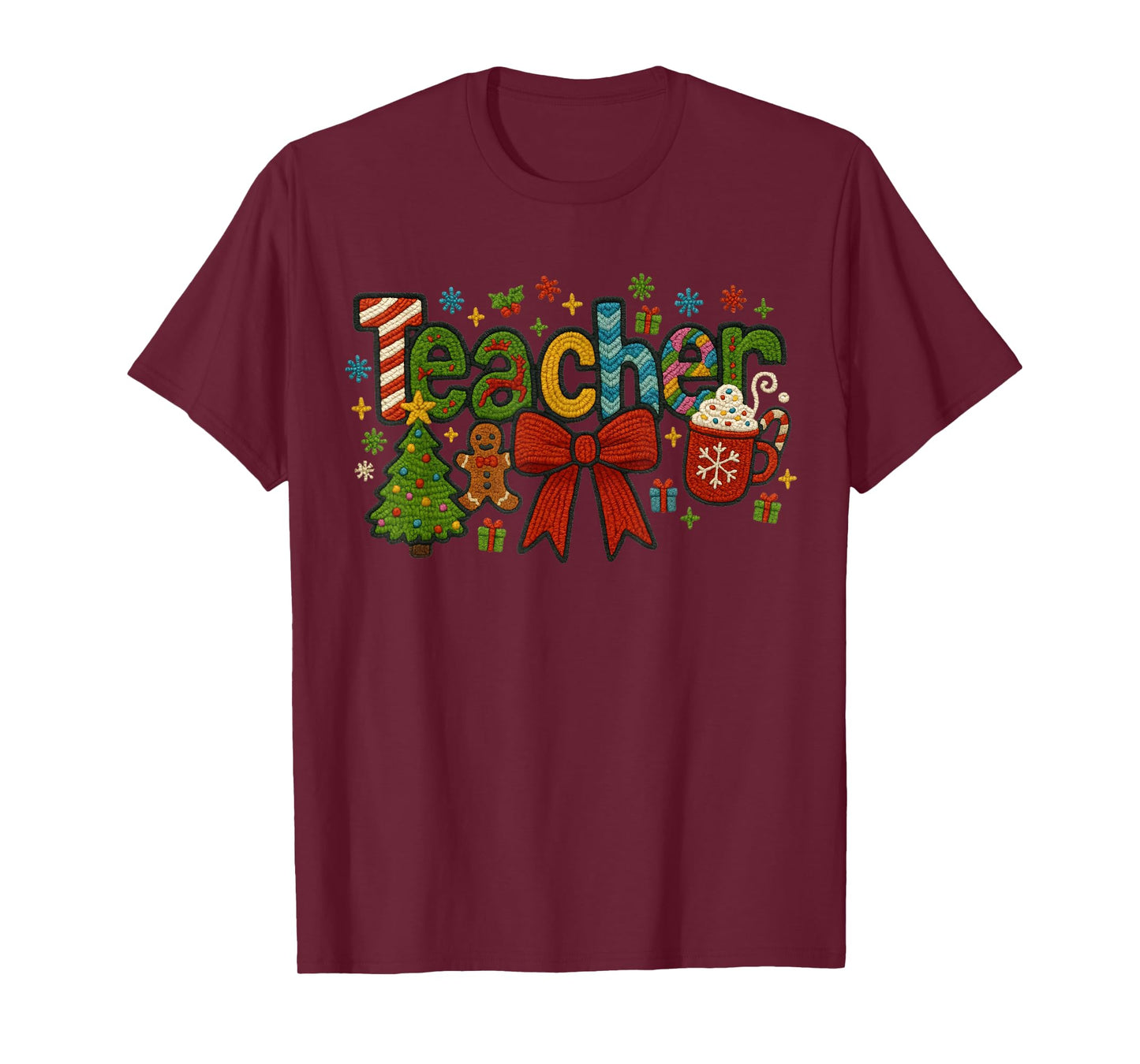 Christmas Teacher Faux Yarn Embroidery T-Shirt