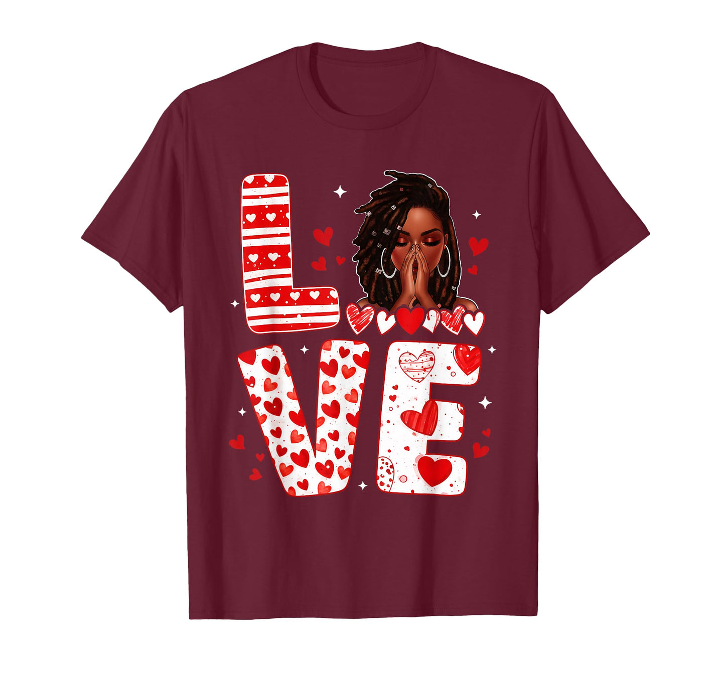 Love Afro Woman Praying Valentine Heart Black Women Girls T-Shirt