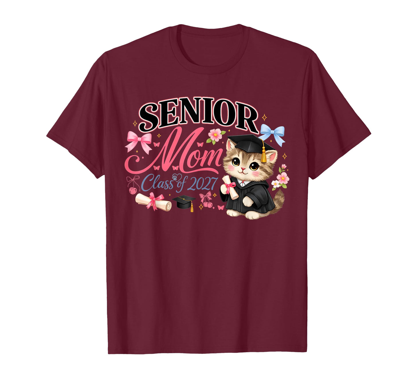 Senior Mom Class of 2027 Cute Cat Graduation Pink Bows Girls T-Shirt
