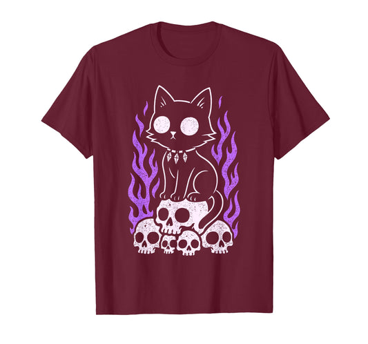 Cat Kitty Skulls Creepy Cute Kawaii Pastel Goth Purple Flame T-Shirt