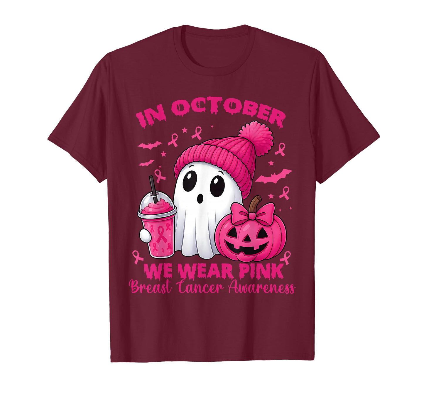 Breast Cancer Halloween Women in October We Wear Pink Bow T-Shirt