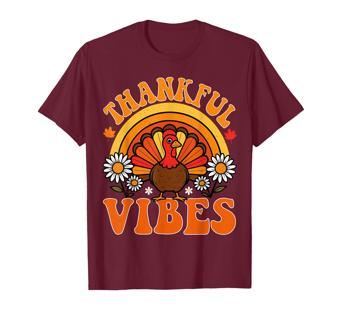 Thankful Vibes Autumn Retro Turkey Thanksgiving Rainbow T-Shirt
