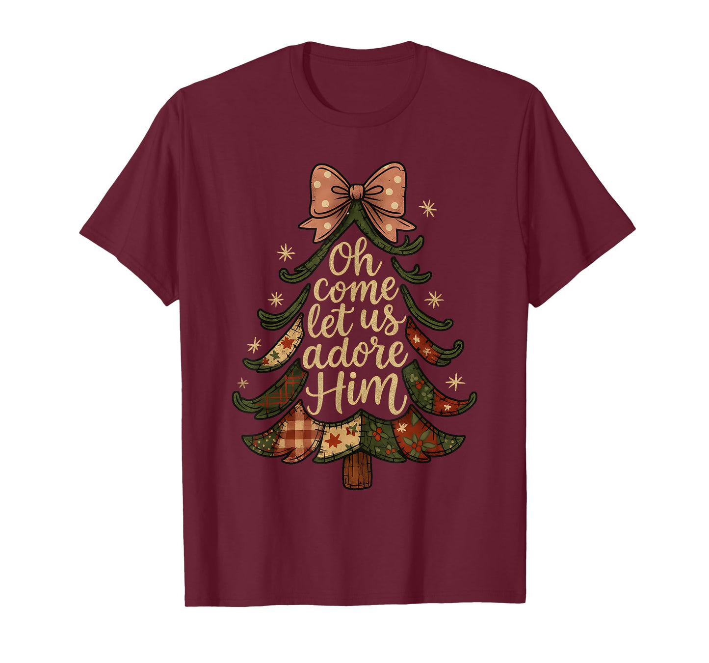 Oh Come Let Us Adore Him Patchwork Christmas Tree Art T-Shirt