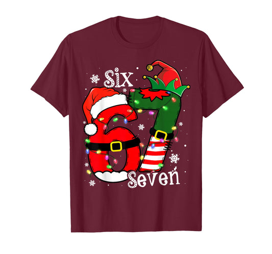 Funny Six Seven 67 Meme 6 7 Elf Santa Christmas Pajamas Kids T-Shirt
