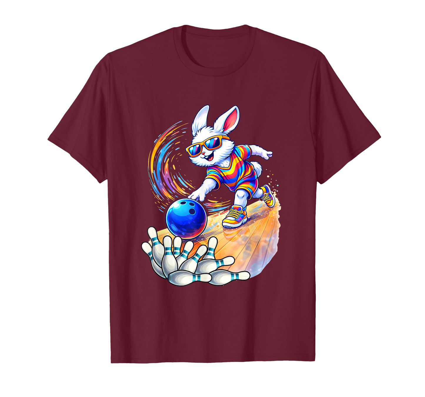 Bunny Playing Bowling Ball & Pins Egg Hunting Easter Holiday T-Shirt