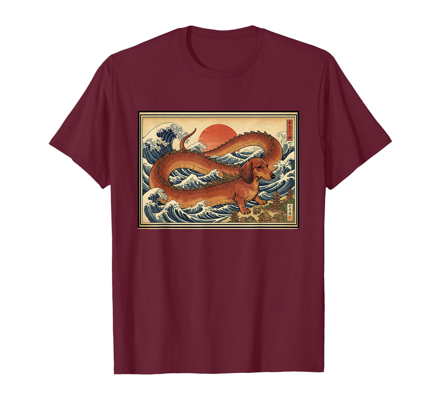Dachshund Dragon in Great Japanese Wave Sunset T-Shirt