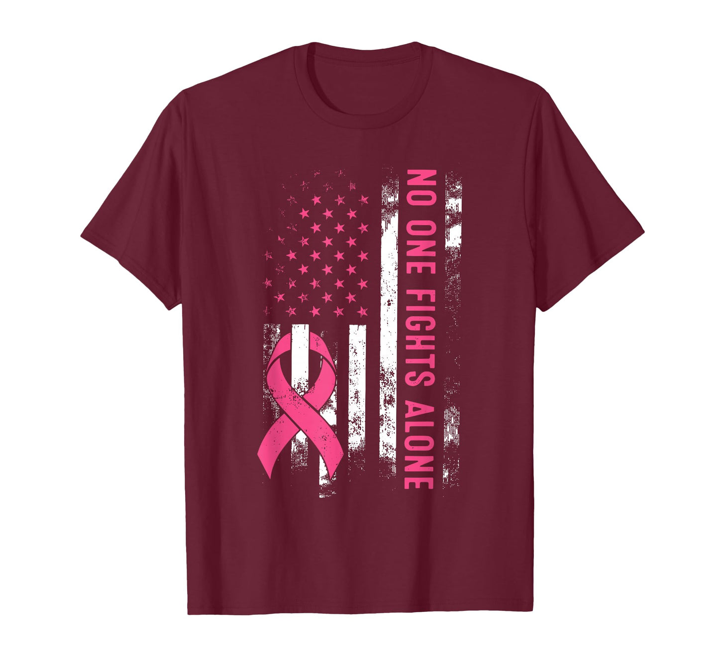 No One Fights Breast Cancer Alone American Flag Pink Ribbon T-Shirt