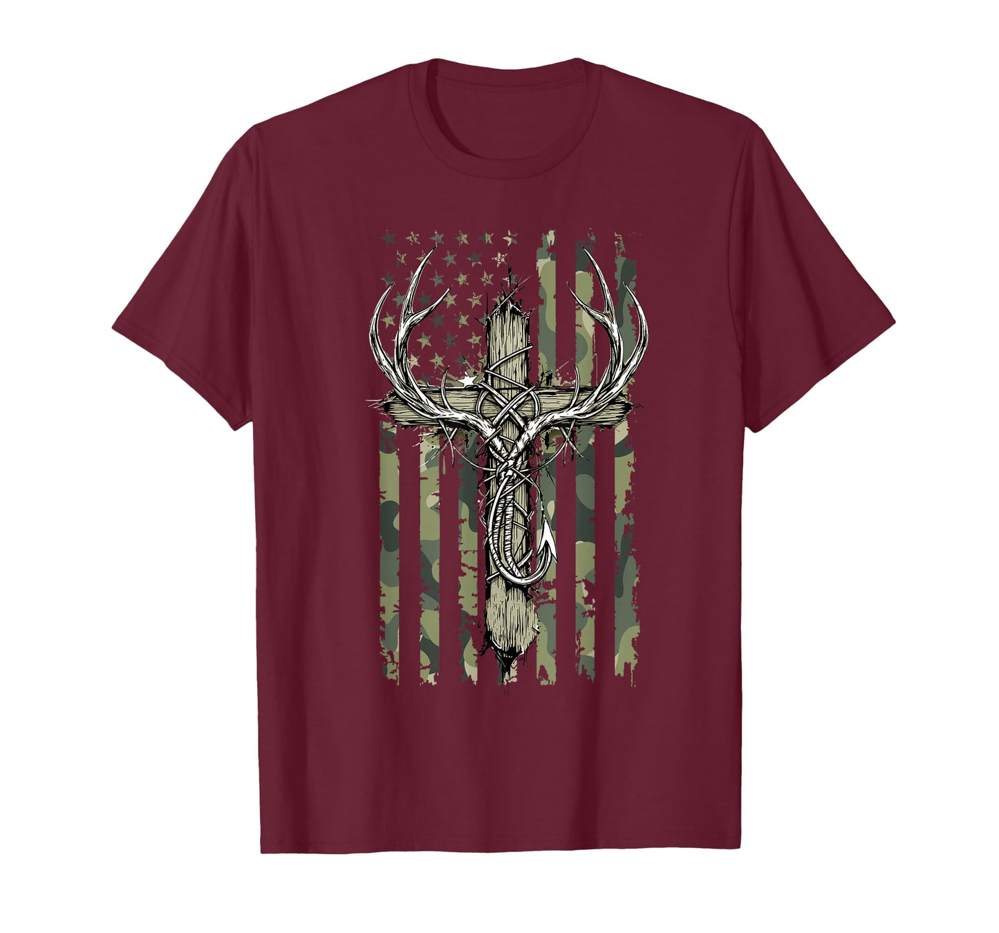 Deer Antlers Fishing Hook Christian Cross Camo Flag Men Boys T-Shirt