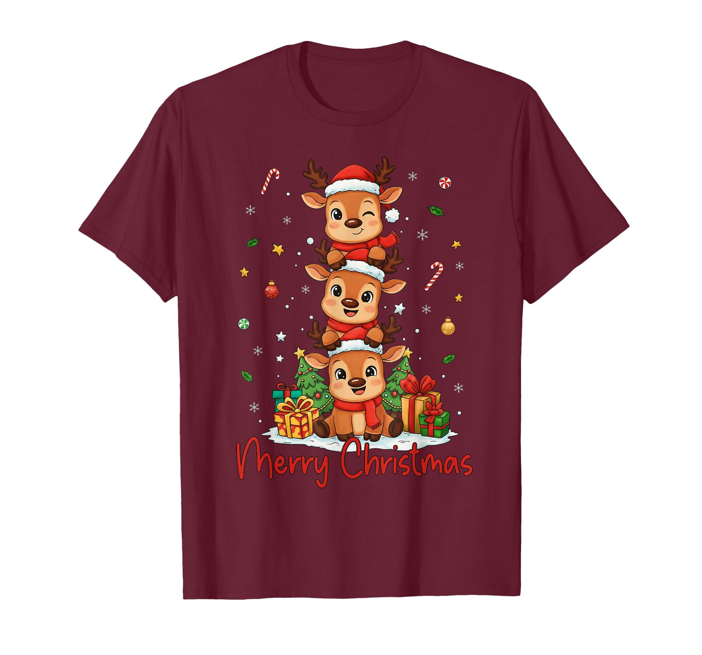 Merry Christmas Reindeer Santa Hat Xmas Family Men Women Kid T-Shirt