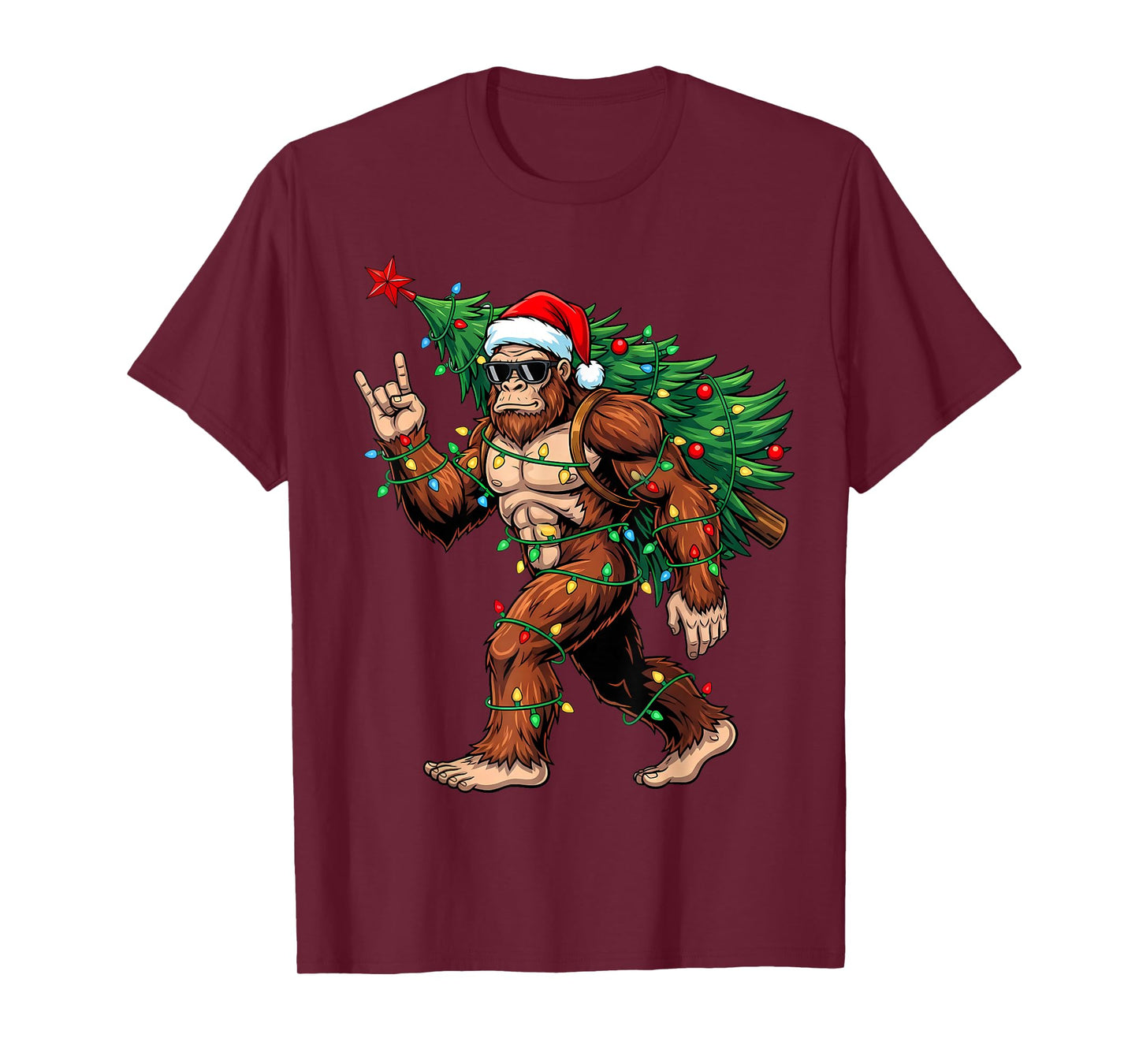 Santa Bigfoot Christmas Tree Xmas Lights Funny Sasquatch Men T-Shirt