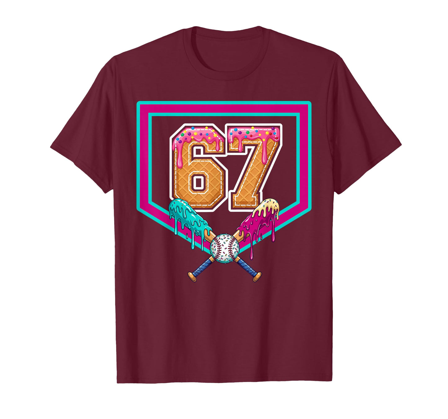 Baseball Ice Cream Drip Number 67 Player 67th Birthday T-Shirt